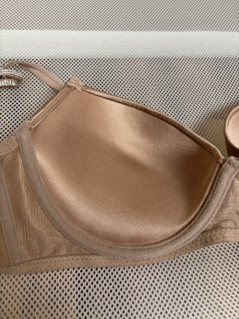 Nicole Miller New York Beige Satin Demi Bra 36C Rhinestone Sparkle Straps Tan NM - Picture 12 of 16